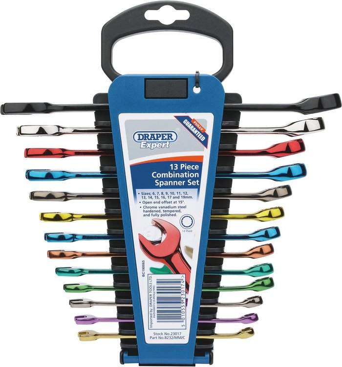 The Range | Draper Draper 13-Piece Expert Hi-torq Metric Coloured Combination Spanner Set Draper Draper 13-Piece Expert Hi-torq Metric Coloured Combination Spanner Set