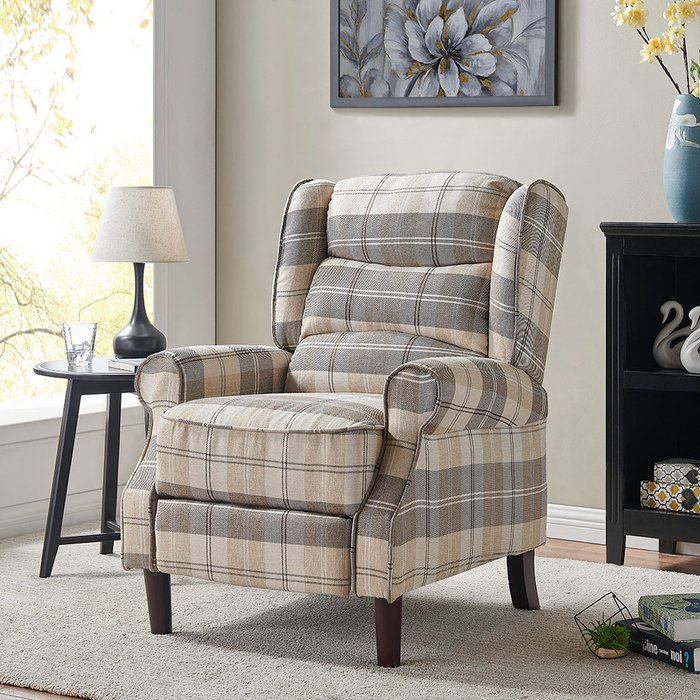 The Range | GRS James Tartan Recliner Chair High Backrest Winged Scroll Armrests Wooden Feet Man - Beige Tartan GRS James Tartan Recliner Chair High Backrest Winged Scroll Armrests Wooden Feet Man - Beige Tartan
