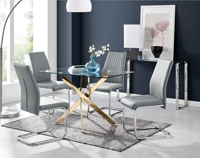 The Range | FurnitureboxUK Leonardo Gold Dining Table With Four Lorenzo Chairs - Grey FurnitureboxUK Leonardo Gold Dining Table With Four Lorenzo Chairs - Grey