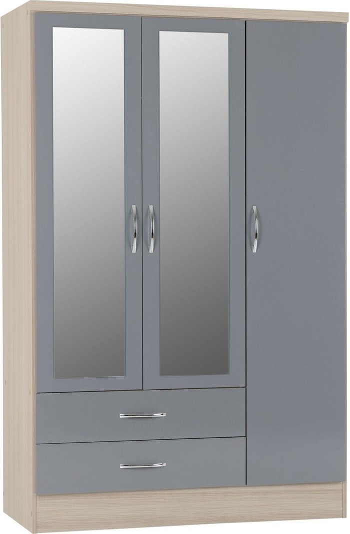 The Range | Seconique Nevada 3 Door 2 Drawer Mirrored Wardrobe - Grey Gloss, Light Oak Seconique Nevada 3 Door 2 Drawer Mirrored Wardrobe - Grey Gloss, Light Oak