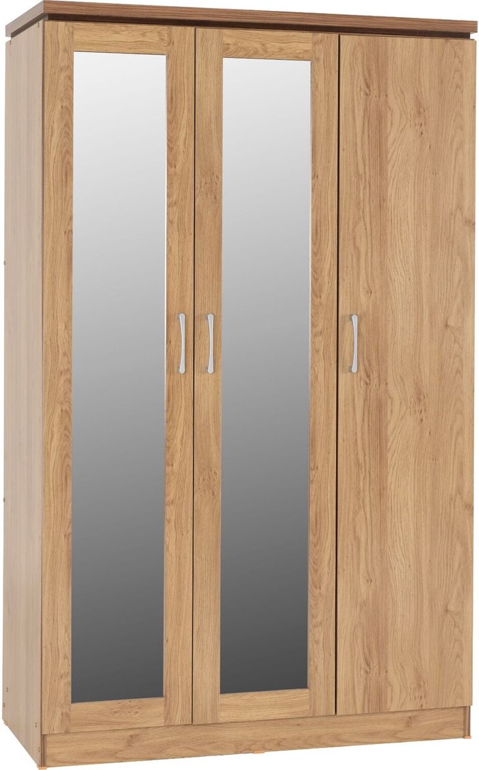 The Range | Seconique Charles 3 Door All Hanging Mirrored Wardrobe Oak Effect Veneer with Walnut Trim - Oak Effect Veneer Seconique Charles 3 Door All Hanging Mirrored Wardrobe Oak Effect Veneer with Walnut Trim - Oak Effect Veneer