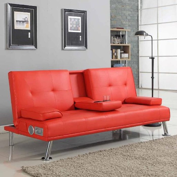 The Range | Comfy Living Red Faux Leather Bluetooth Cinema Sofa Bed with Drink Cup Holder Comfy Living Red Faux Leather Bluetooth Cinema Sofa Bed with Drink Cup Holder
