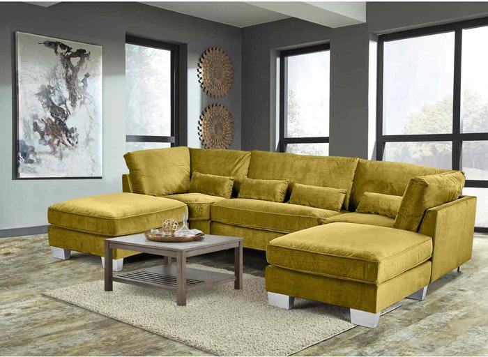The Range | Simply Eleganza Almora Full Back Corner U Shape Sofa Velour Fabric with 2 Footstools - Yellow Simply Eleganza Almora Full Back Corner U Shape Sofa Velour Fabric with 2 Footstools - Yellow