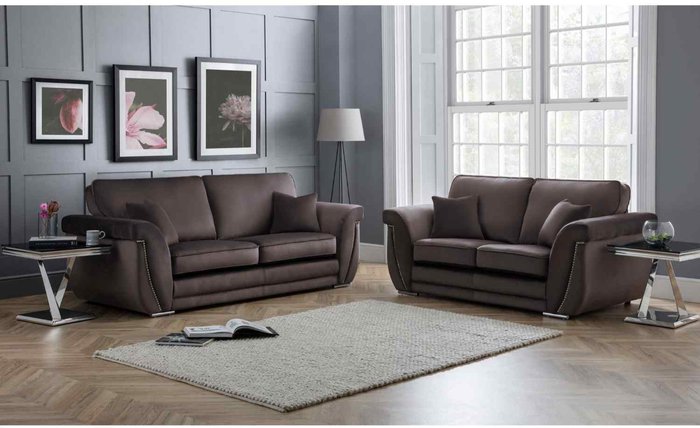 The Range | Simply Eleganza Luca 3 and 2 Seater Full Back Sofa Set Velvet with Beading - Taupe Simply Eleganza Luca 3 and 2 Seater Full Back Sofa Set Velvet with Beading - Taupe