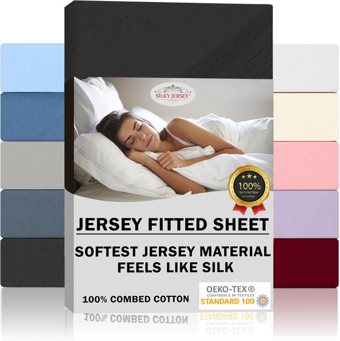 The Range | Double Jersey Silky Jersey Cotton Fitted Sheets - Black / 160x200x30 cm / King Double Jersey Silky Jersey Cotton Fitted Sheets - Black / 160x200x30 cm / King