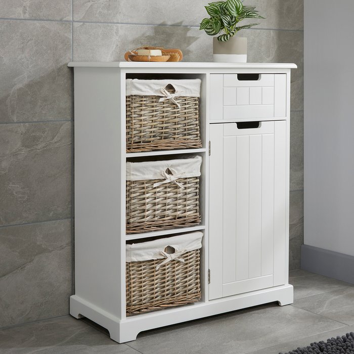 The Range | Fully Assembled Console Cabinet with Woven Baskets in Grey - White Fully Assembled Console Cabinet with Woven Baskets in Grey - White