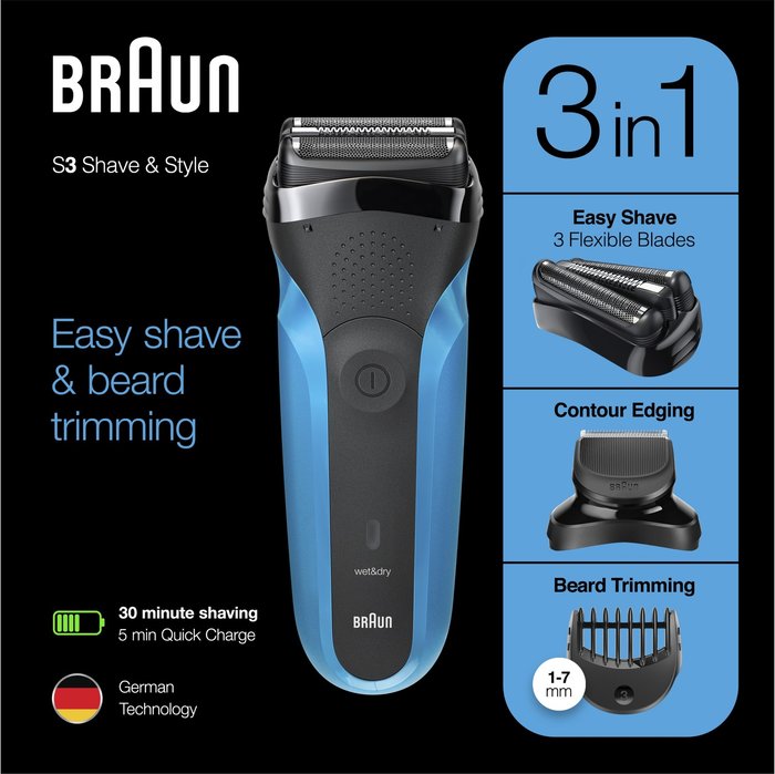 The Range | Braun BRAUN Series 3 310BT Wet & Dry Shaver - Blue & Black Braun BRAUN Series 3 310BT Wet & Dry Shaver - Blue & Black