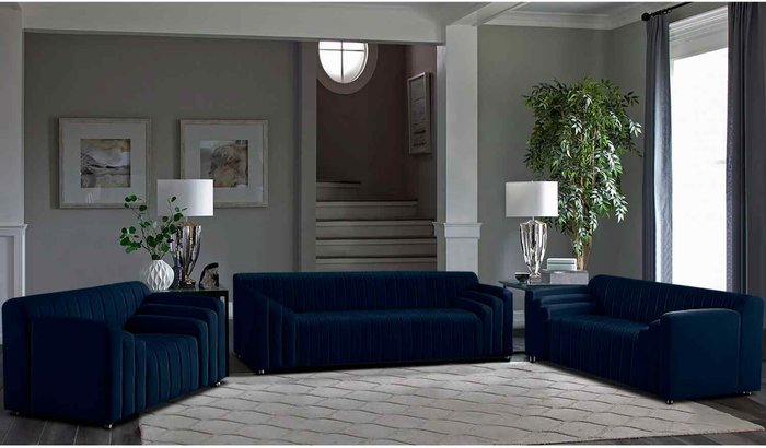 The Range | Simply Eleganza Jessica 3 Piece Flued Sofa Set in Velour Fabric - Blue Simply Eleganza Jessica 3 Piece Flued Sofa Set in Velour Fabric - Blue