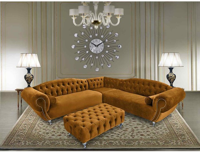 The Range | Simply Eleganza Lavis Corner Sofa with Footstool in Velour Fabric - Yellow Simply Eleganza Lavis Corner Sofa with Footstool in Velour Fabric - Yellow