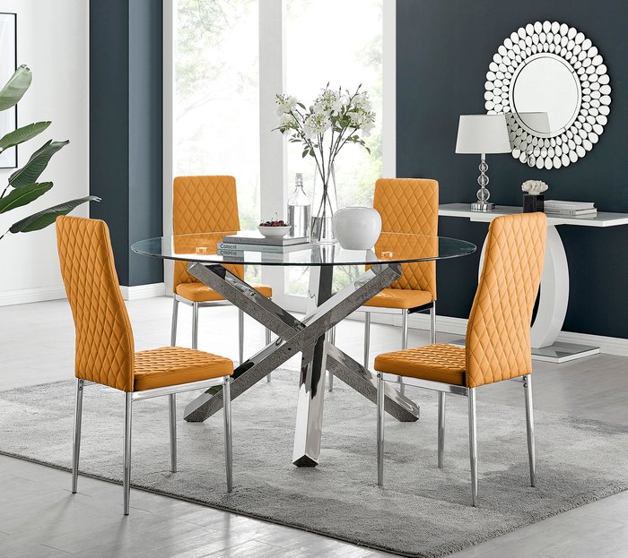 The Range | FurnitureboxUK Vogue Round Dining Table 4 Milan Dining Chairs Set - Mustard FurnitureboxUK Vogue Round Dining Table 4 Milan Dining Chairs Set - Mustard
