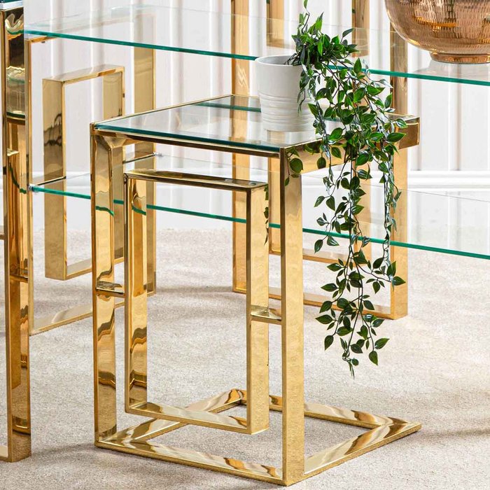 The Range | Vanity Living Sofa Table - Verona Gold Metal Glass Top Side End Table - Gold Vanity Living Sofa Table - Verona Gold Metal Glass Top Side End Table - Gold