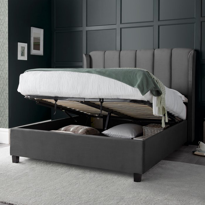 The Range | Aurora Aurora Grey Velvet Ottoman Bed Frame - 4ft6 Double - Grey Aurora Aurora Grey Velvet Ottoman Bed Frame - 4ft6 Double - Grey