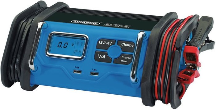 The Range | Draper Draper 16A 12V/24V Battery Charger - Blue & Black Draper Draper 16A 12V/24V Battery Charger - Blue & Black