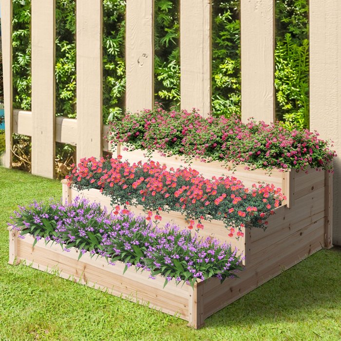 The Range | Outsunny Wooden Raised Bed 3 Tier Planter Kit - Natural Outsunny Wooden Raised Bed 3 Tier Planter Kit - Natural