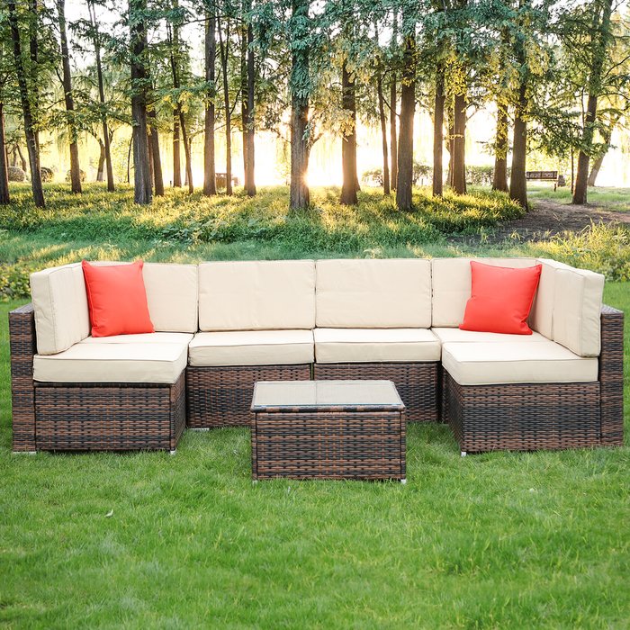 The Range | Bigzzia 6 Seat Rattan Sofa with Table - Brown / No Cover Bigzzia 6 Seat Rattan Sofa with Table - Brown / No Cover