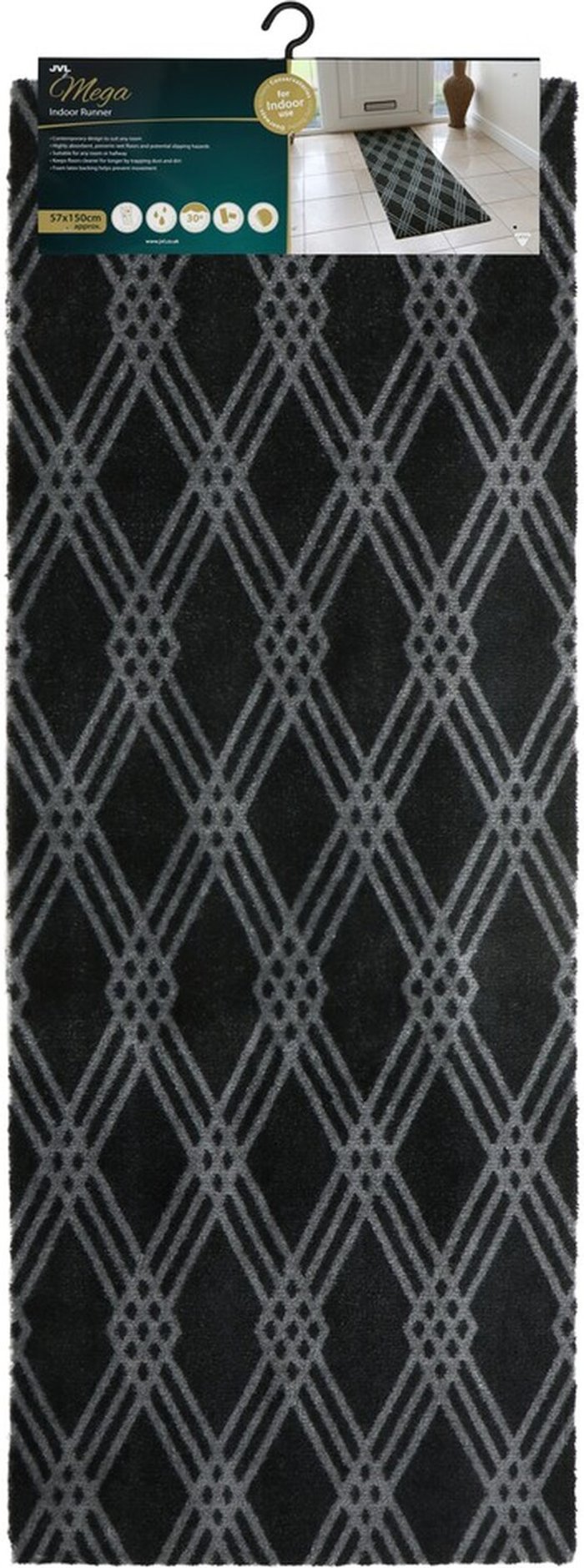 The Range | JVL JVL Mega Runner Mat, Large Diamond Pattern, 57x150cm - Black JVL JVL Mega Runner Mat, Large Diamond Pattern, 57x150cm - Black