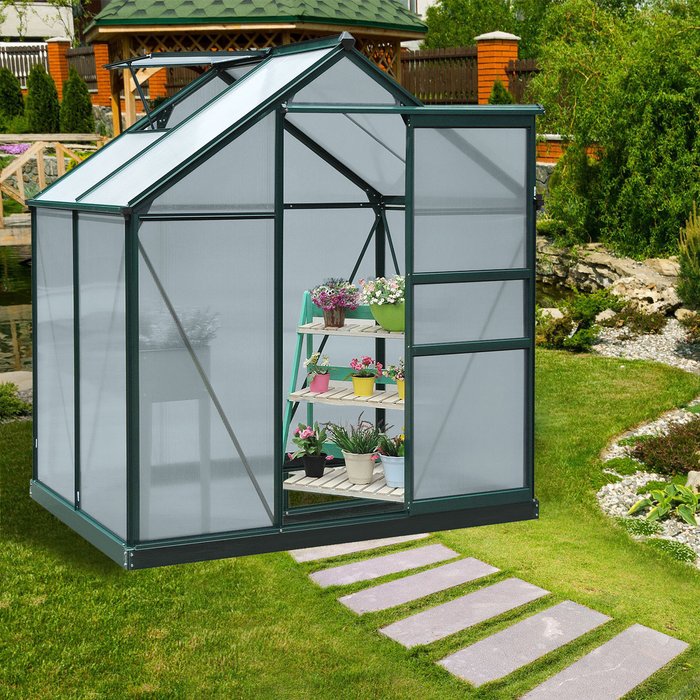 The Range | Outsunny Clear Polycarbonate Large Walk In Greenhouse - Dark Green Frame / 132cm Outsunny Clear Polycarbonate Large Walk In Greenhouse - Dark Green Frame / 132cm
