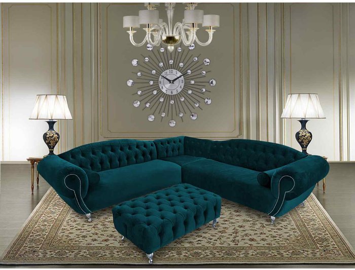 The Range | Simply Eleganza Lavis Corner Sofa with Footstool in Velour Fabric - Green Simply Eleganza Lavis Corner Sofa with Footstool in Velour Fabric - Green
