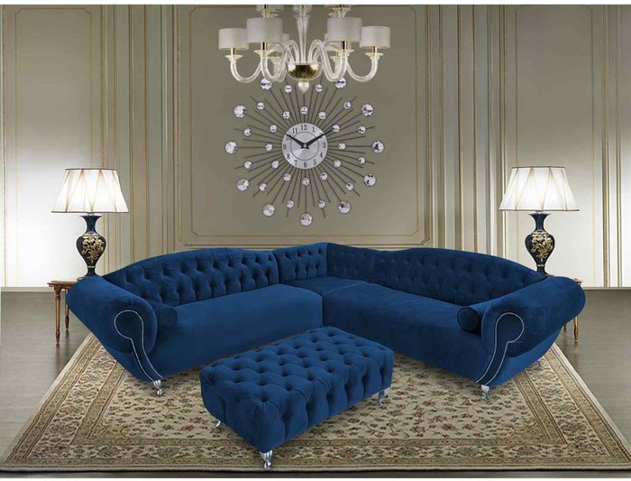 The Range | Simply Eleganza Lavis Corner Sofa with Footstool in Velour Fabric - Blue Simply Eleganza Lavis Corner Sofa with Footstool in Velour Fabric - Blue