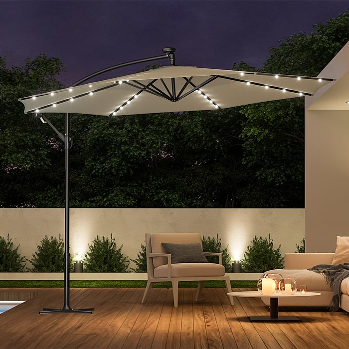 The Range | Livingandhome 32 Solar Lights Parasol Garden Umbrella with Cross Base - Beige Livingandhome 32 Solar Lights Parasol Garden Umbrella with Cross Base - Beige
