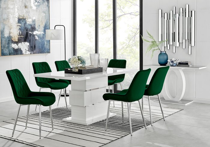 The Range | FurnitureboxUK Apollo Table With Six Pesaro Silver Leg Chairs - Green FurnitureboxUK Apollo Table With Six Pesaro Silver Leg Chairs - Green