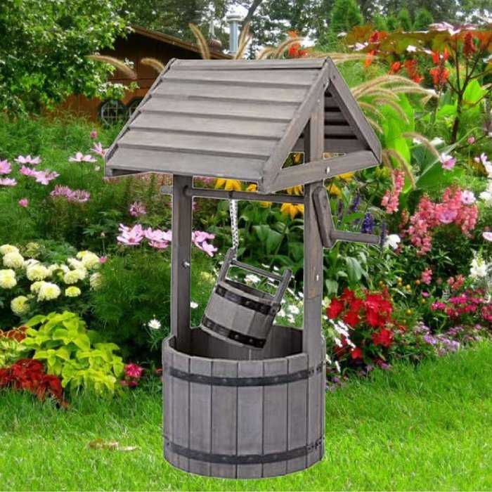 The Range | Shop4allsorts Grey Wooden Wishing Well Planter - Grey Shop4allsorts Grey Wooden Wishing Well Planter - Grey