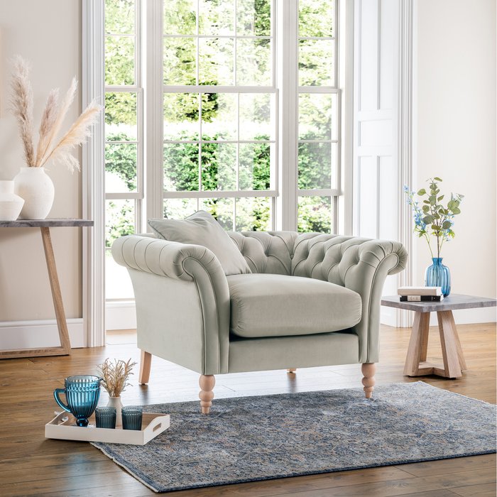 The Range | FurnitureboxUK Olivia Velvet Chesterfield Armchair - 'Ice' Pale Grey FurnitureboxUK Olivia Velvet Chesterfield Armchair - 'Ice' Pale Grey