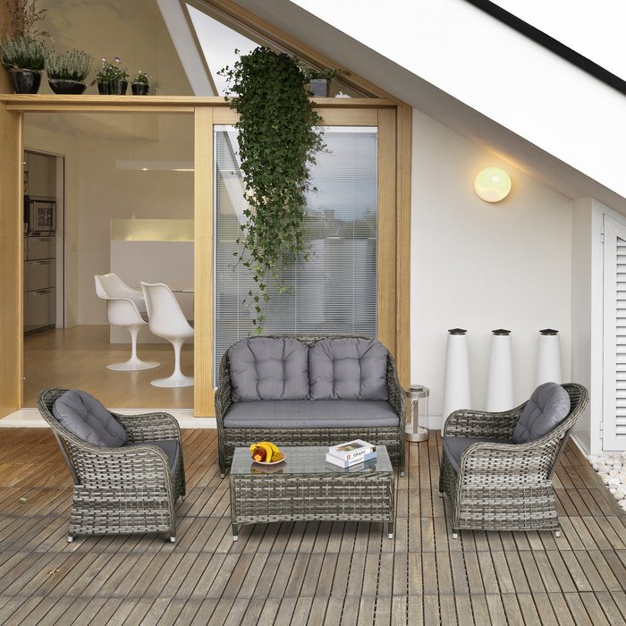 The Range | Outsunny 4 Piece PE Rattan Outdoor Wicker Sofa Set - Grey Outsunny 4 Piece PE Rattan Outdoor Wicker Sofa Set - Grey