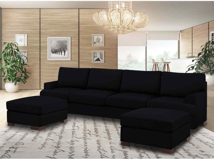 The Range | Simply Eleganza Henry Large U Shape Sofa in Plush Velvet with 2 Footstools - Black Simply Eleganza Henry Large U Shape Sofa in Plush Velvet with 2 Footstools - Black