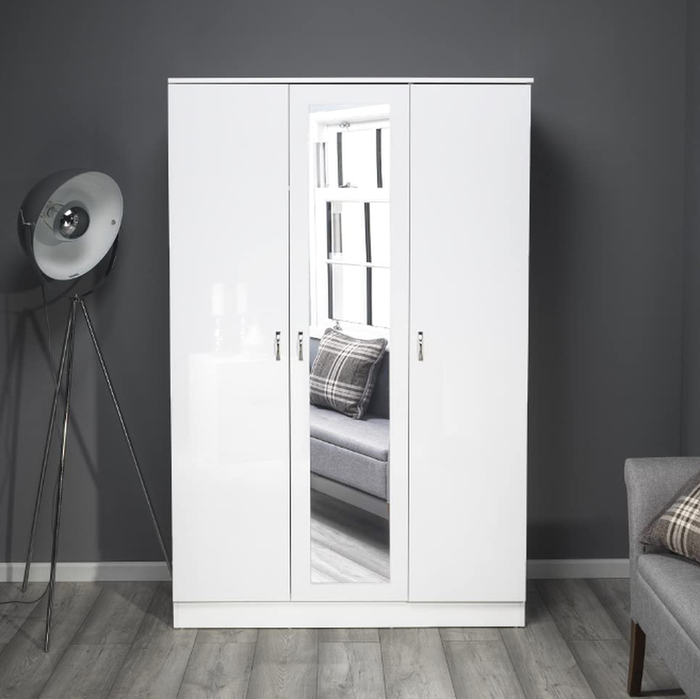 The Range | FWStyle 3 Door Mirrored Modern Wardrobe White High Gloss Bedroom Furniture - White Gloss FWStyle 3 Door Mirrored Modern Wardrobe White High Gloss Bedroom Furniture - White Gloss