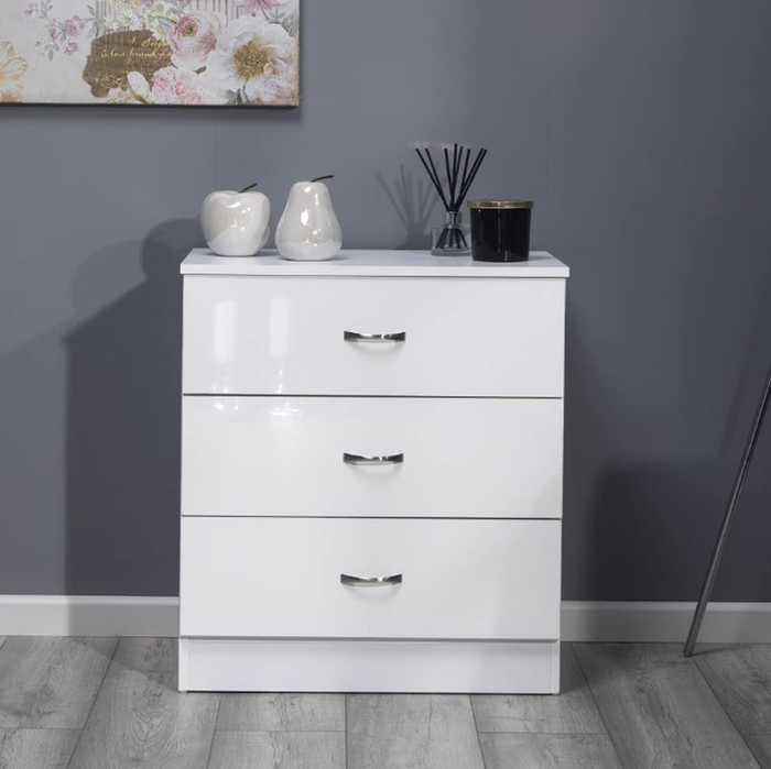 The Range | FWStyle High Gloss White 3 Drawer Chest Modern Furniture Curved Metal Handles - White Gloss FWStyle High Gloss White 3 Drawer Chest Modern Furniture Curved Metal Handles - White Gloss