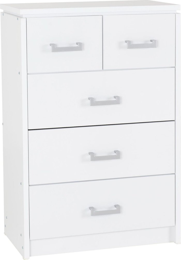 The Range | Seconique Charles 2 Over 3 Drawer Chest Oak Effect Veneer with Walnut Trim - White Seconique Charles 2 Over 3 Drawer Chest Oak Effect Veneer with Walnut Trim - White
