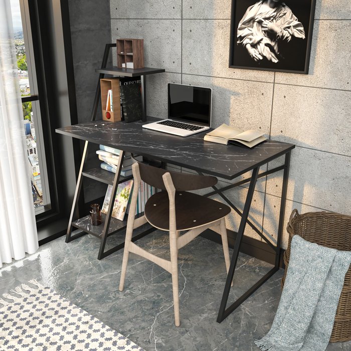 The Range | Decorotika Admira Modern Computer Desk with Ladder Shelves - Black Marble Effect Decorotika Admira Modern Computer Desk with Ladder Shelves - Black Marble Effect