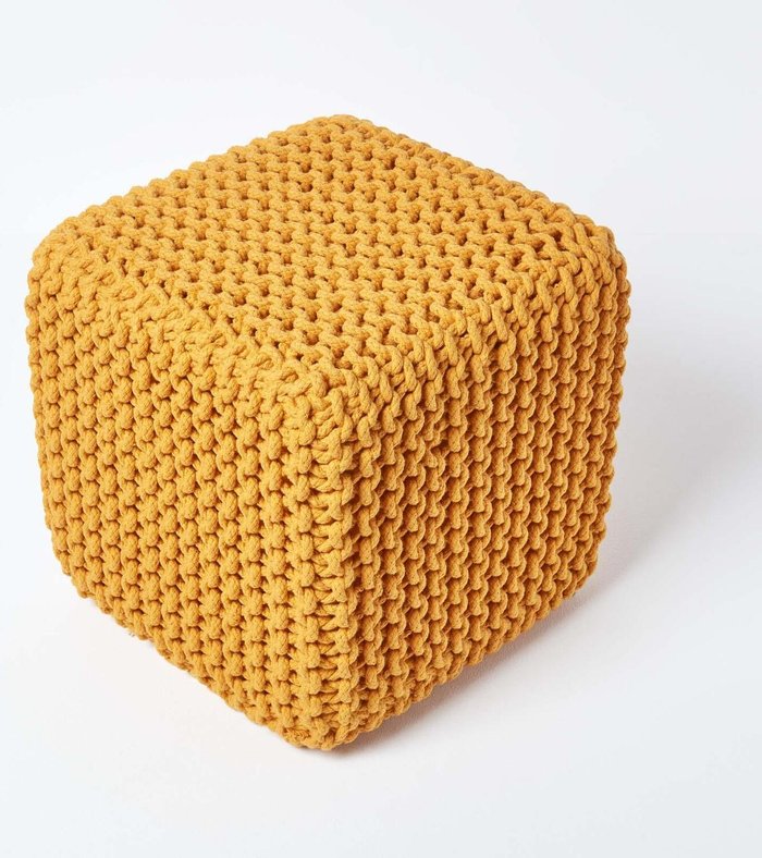 The Range | Homescapes Cotton Knitted Pouffe Cube - Mustard Homescapes Cotton Knitted Pouffe Cube - Mustard