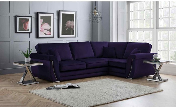 The Range | Simply Eleganza Luca Full Back L Shape Right Hand Corner Sofa Velvet Beading - Blue Simply Eleganza Luca Full Back L Shape Right Hand Corner Sofa Velvet Beading - Blue