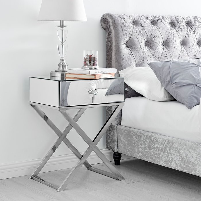 The Range | Furniture Box Furniture Box Celeste Mirrored Contemporary Stylish Bedside Table With 1 Drawer Chrome Legs Furniture Box Furniture Box Celeste Mirrored Contemporary Stylish Bedside Table With 1 Drawer Chrome Legs