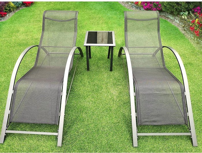 The Range | Garden Mile 3 Piece Set - 2 Sun Lounger Chairs 1 Coffee Table - Grey Garden Mile 3 Piece Set - 2 Sun Lounger Chairs 1 Coffee Table - Grey