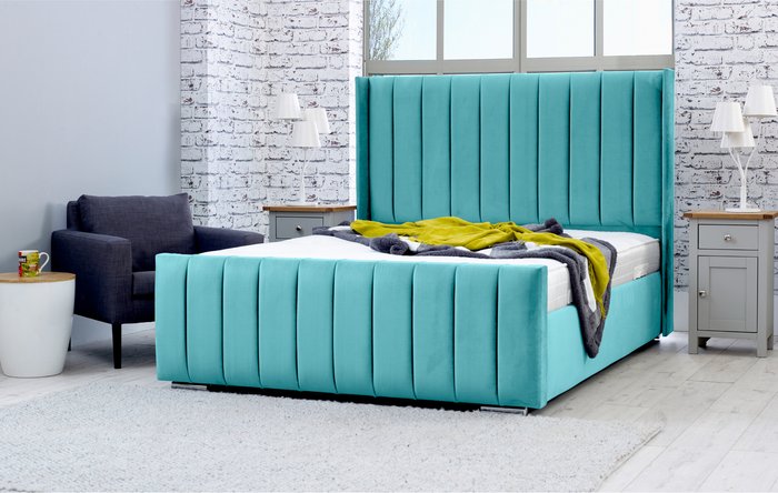 The Range | Simply Eleganza Caira Plush 4 Inch Solid Thick Bed Frame With Winged Headboard - Teal / Superking Simply Eleganza Caira Plush 4 Inch Solid Thick Bed Frame With Winged Headboard - Teal / Superking