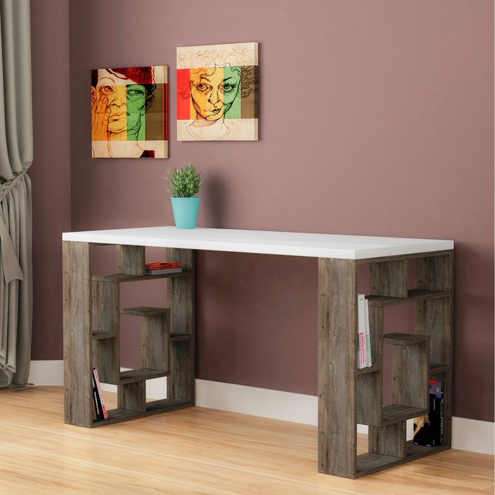 The Range | Decortie Labirent Modern Desk With Bookshelf Legs - Dark Coffee Decortie Labirent Modern Desk With Bookshelf Legs - Dark Coffee
