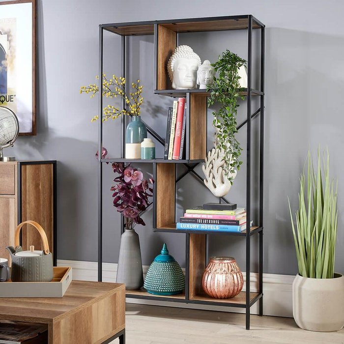 The Range | Home Source Oakmere Tall Abstract Industrial Bookcase Shelving Unit - NaturalBlack - Natural Home Source Oakmere Tall Abstract Industrial Bookcase Shelving Unit - NaturalBlack - Natural