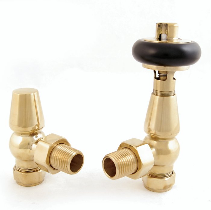 The Range | Towelrads Towelrads Traditional Angled TRV & Lockshield Set - Unlac Brass Towelrads Towelrads Traditional Angled TRV & Lockshield Set - Unlac Brass