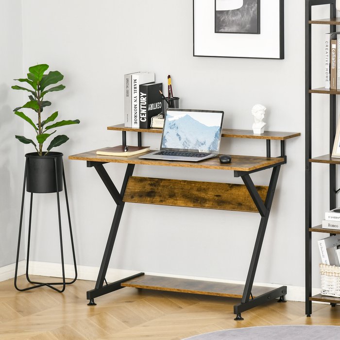 The Range | HOMCOM Computer Desk with Monitor Shelf and Storage - Brown / 100cm HOMCOM Computer Desk with Monitor Shelf and Storage - Brown / 100cm