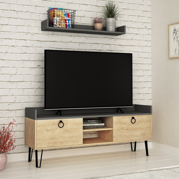 The Range | Decortie Keday Modern TV Stand Multimedia Centre TV Unit With Wall Shelf - Oak Decortie Keday Modern TV Stand Multimedia Centre TV Unit With Wall Shelf - Oak