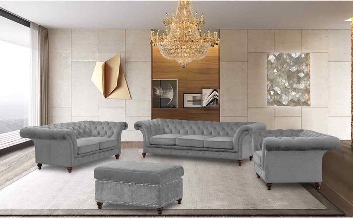 The Range | Simply Eleganza Marcus Chesterfield 4 Piece Sofa Set in Velour Fabric - Grey Simply Eleganza Marcus Chesterfield 4 Piece Sofa Set in Velour Fabric - Grey