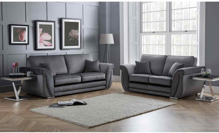 The Range | Simply Eleganza Luca 3 and 2 Seater Full Back Sofa Set Velvet with Beading - Grey Simply Eleganza Luca 3 and 2 Seater Full Back Sofa Set Velvet with Beading - Grey