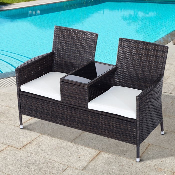 The Range | Outsunny PE Rattan Duo Seat Table Bench With Padded Cushions - Brown Outsunny PE Rattan Duo Seat Table Bench With Padded Cushions - Brown