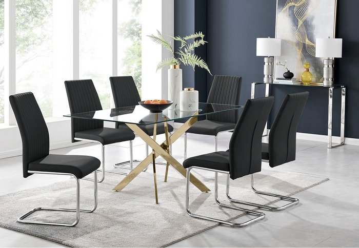 The Range | FurnitureboxUK Leonardo Gold Dining Table With Six Lorenzo Chairs - Black FurnitureboxUK Leonardo Gold Dining Table With Six Lorenzo Chairs - Black