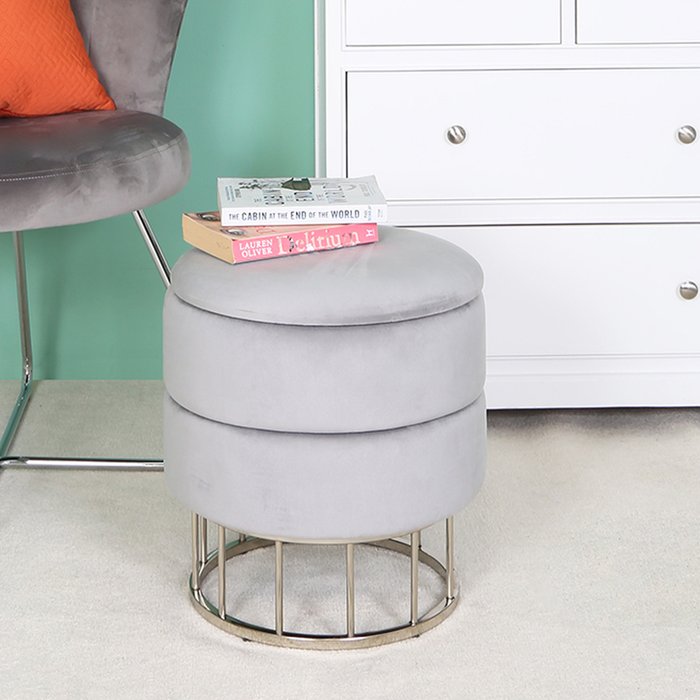The Range | Vanity Living Velvet Round Storage Ottoman Footstool - Grey Vanity Living Velvet Round Storage Ottoman Footstool - Grey