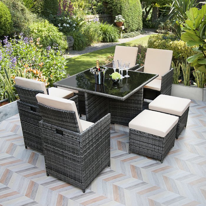 The Range | Ivybridge 8-seat cube rattan dining set with parasol - Grey/Beige Ivybridge 8-seat cube rattan dining set with parasol - Grey/Beige