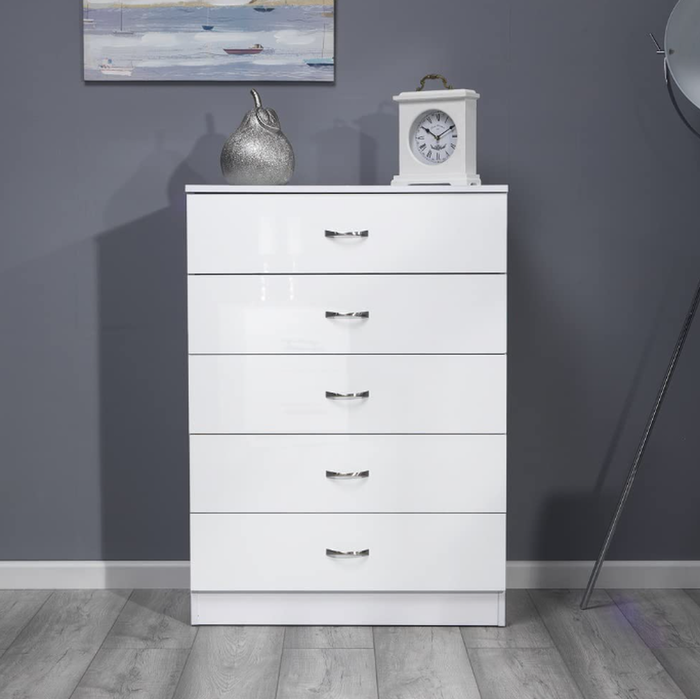 The Range | FWStyle Modern Contemporary 5 Drawer Chest, White Gloss Metal Handles - White Gloss FWStyle Modern Contemporary 5 Drawer Chest, White Gloss Metal Handles - White Gloss